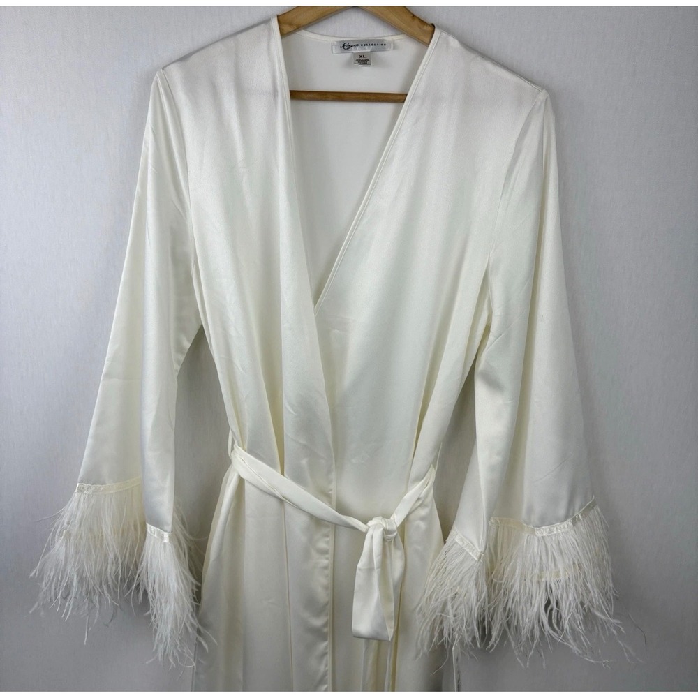 Rya Collection Swan Robe Women XL Ivory Feather Trim Satin Long Darling 570 NEW